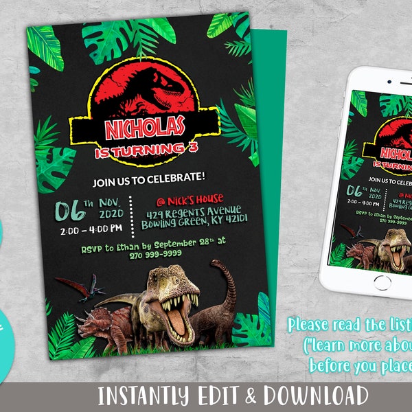 Dinosaur Invitation, Dinosaur Birthday Invitation Printable, Jurassic Park, Dinosaur Party Invitation, T-Rex, EDITABLE, INSTANT DOWNLOAD