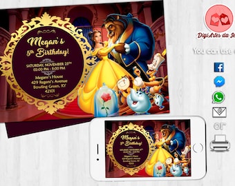 Beauty and the Beast Invitation, Beauty and the Beast, Digital file, Printable file, Beauty and the Beast Birthday Invitation #3488