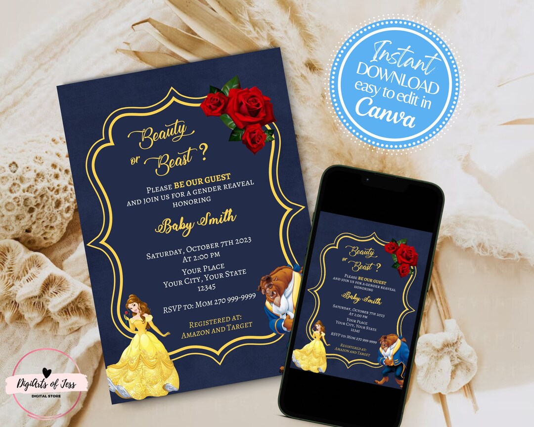 Gender Reveal Beauty & the Beast Invitation Belle and the Beast Gender