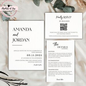 Lot de faire-part de mariage minimaliste | Code QR | Ensemble de modèles d'invitations minimales | Suite sur invitation moderne | Réponse en ligne élégante | Détails de la carte