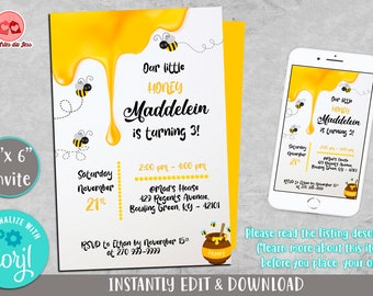 Our Little Honey Bee Birthday Party Invites, Bee - Day Invitations, Bee Party Invitations, bumble bee theme, Instant Download Corjl
