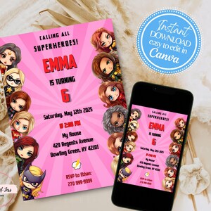 Superheroes Invitation Girl | EDITABLE Superhero Birthday Invitations | Super Hero Printable Invite Template Girls Instant download