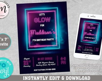 Glow Birthday Invitation Glow Invitation Neon Glow Invitation Neon Glow Party Glow In The Dark Party Instant Download Editable CORJL