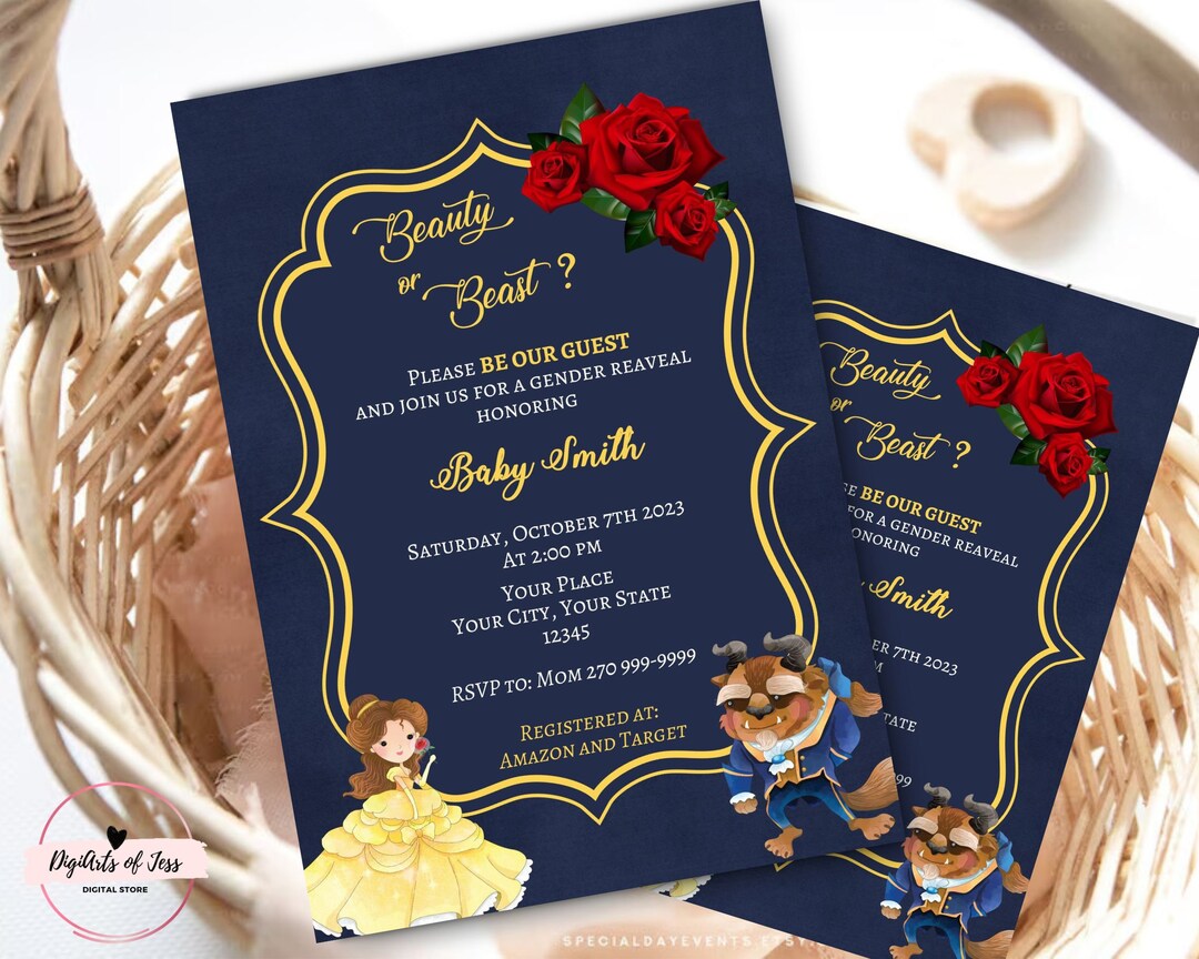 Gender Reveal Beauty & the Beast Invitation Belle and the Beast Gender Reveal Baby Shower
