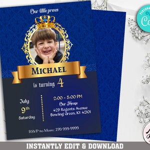 Prinz Geburtstagseinladung, Prinz, Royal, Blau, Gold, Foto, Prinz Party, Unsere kleine Prinzparty, Prinz Editierbare Einladung COJL