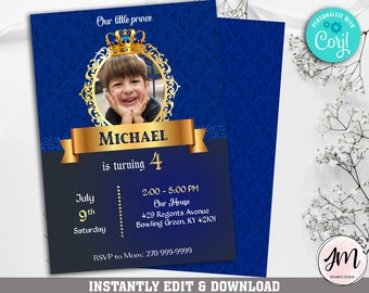 Prince Birthday Invitation, Prince, Royal, Blue, Gold, Photo, Prince Party, Out little prince party, Prince Editable Invitation COJL