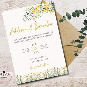 BEARBEITBAR | Gelbe Wildblumen Hochzeitseinladung Vorlage | Blumen Hochzeit Einladung | Gelbe Blumenhochzeitsfeier - CANVA