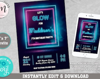 Glow Birthday Invitation Blue Glow Invitation Neon Glow Invitation Neon Glow Party Glow In The Dark Party Instant Download Editable CORJL