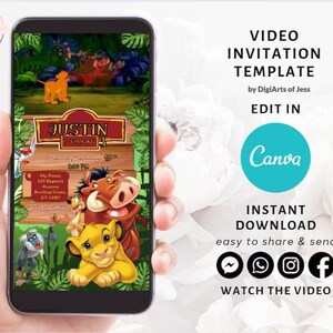 Convite editável de aniversário do Rei Leão, modelo de convite de aniversário Simba Convite digital com Simba Nala Pumbaa