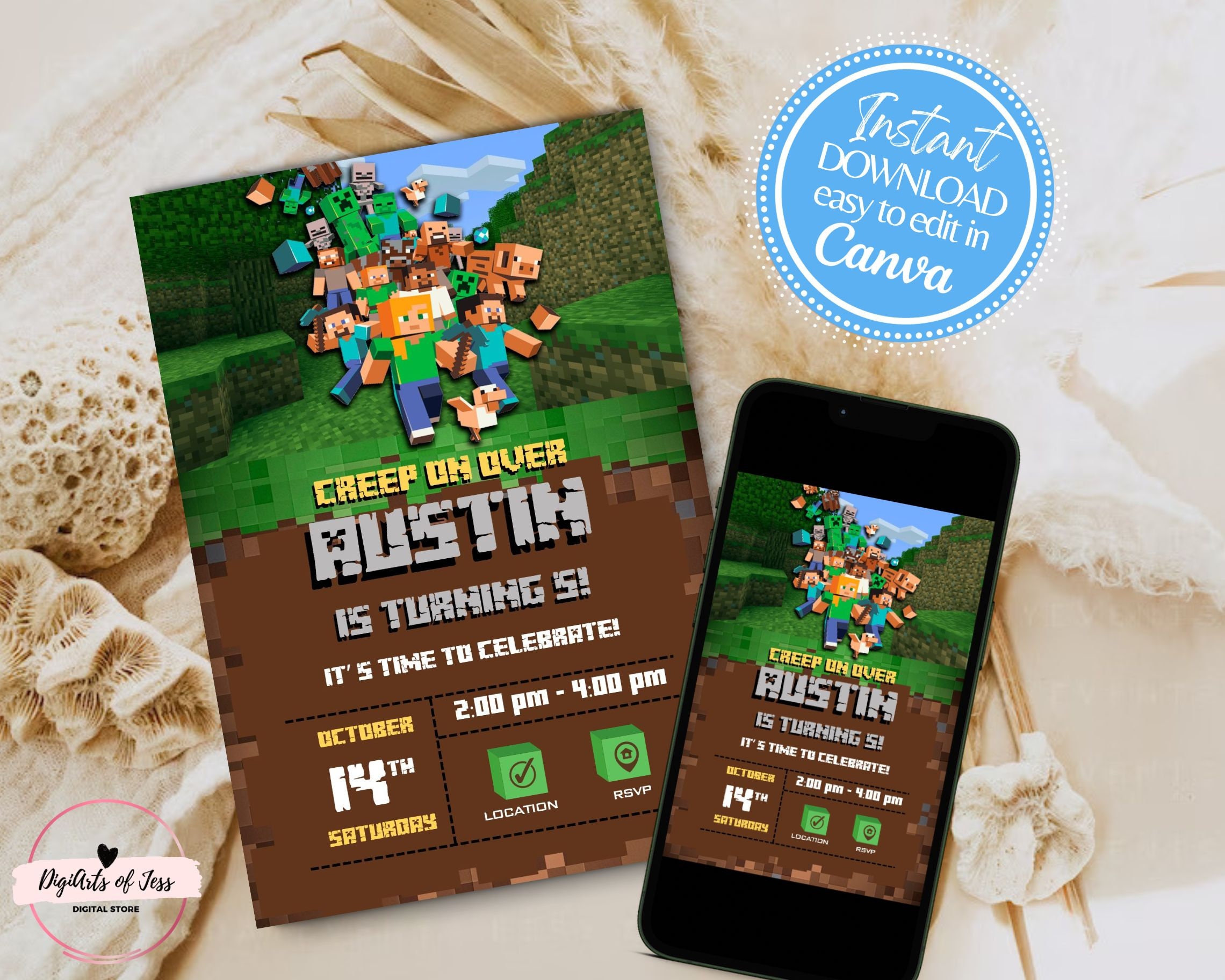 Canva Editable Minecraft Invite (4x6) – Digital Download
