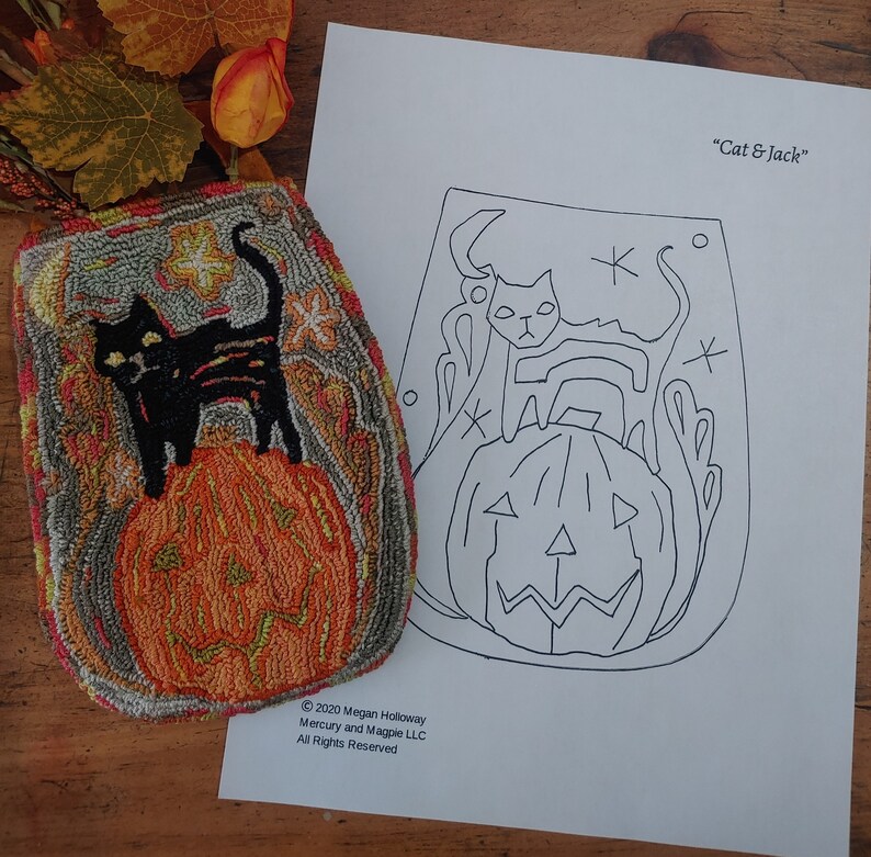 PDF Pattern Cat and Jack by Megan Holloway Halloween Folk Art pattern for embroidery needle punch rug hooking stitchery