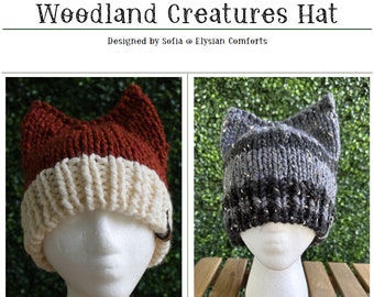 KNITTING PATTERN - Woodland Creature Cat/Fox/Wolf Ears Chunky Beanie - English PDF