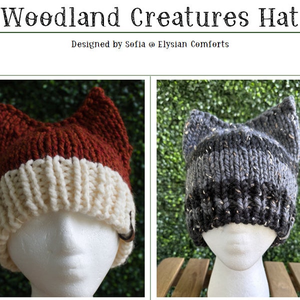 KNITTING PATTERN - Woodland Creature Cat/Fox/Wolf Ears Chunky Beanie - English PDF