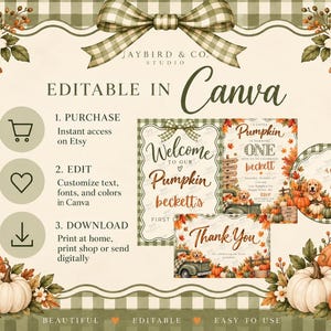 May include: A digital template set featuring a green gingham border with autumn leaves and pumpkins. It includes instructions for editing in Canva, a welcome sign, a birthday invitation with a puppy, and a thank you card with fall graphics.