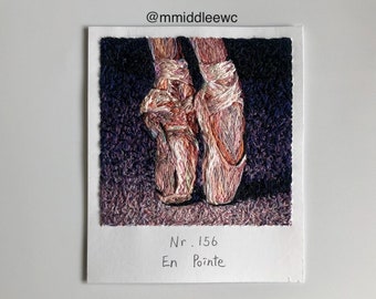 Nr. 156 En Pointe - Handstickerei Kunst, Stickerei auf Papier, Fadenmalerei, Polaroid-Malerei, Ballettkunst, Ballett, Mini Fiber Art