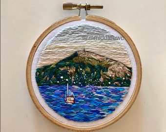 Nr. 89 Floating Atop - Hand Embroidery art piece, Embroidery hoop art, needle work, ocean, hand stitch, landscape embroidery, fishing boat