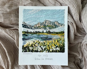 Nr. 163 Glow In Almsee - Hand embroidery art, Embroidery on paper, thread painting, polaroid painting, Polaroid, mountain art