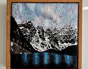 Moraine Lake and Peaks Hand Embroidered Art: Framed Thread Painting (Nr. 55)