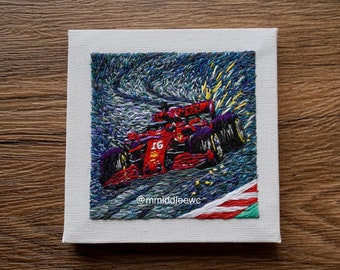 Nr. 104 CL16 - Hand Embroidery art, Embroidery on canvas, mini canvas art, hand stitch, canvas art, thread painting, formula 1, racing car