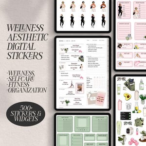 May include: A digital planner with a green and white weekly layout, a pink and white daily layout, and a variety of stickers featuring illustrations of women exercising, self-care items, and motivational quotes. The planner includes 500+ stickers and widgets.