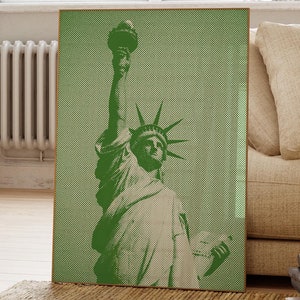 Zielony komiksowy styl Statuy Wolności, plakat NYC, nowojorska dekoracja ścienna, wystrój salonu, wystrój Wanderlust, prezent dla podróżnika