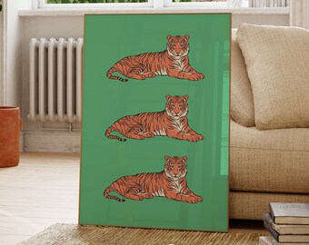 Lámina artística de tigre estilo preppy, póster de animales de la selva (descarga digital)