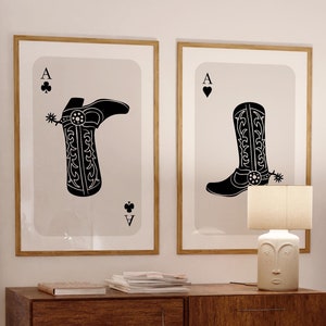 Cartas de juego Ace de botas de vaquera, póster de decoración de dormitorio, decoración de apartamentos, estilo occidental, decoración boho, Hola, arte de pared retro femenino, arte de vaqueros