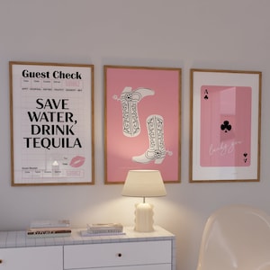 Conjunto de 3 carteles de vaquera de moda, decoración de dormitorio occidental, tequila para beber agua, suerte, decoración de apartamento, arte de pared rosa vaquera