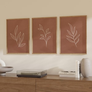 3er-Set Terrakotta Blumen Drucke, Wandkunst Wildblumen, Minimale Pflanzenzeichnung, Boho Kunst Poster, Beige Kunstset für Wohnkultur