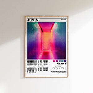May include: Album cover art featuring a colorful, abstract hallway with a pink, blue, and purple gradient. The album title is "ALBUM" and the artist name is "Artist Name". The album was released by Money Records and is 72 minutes long.