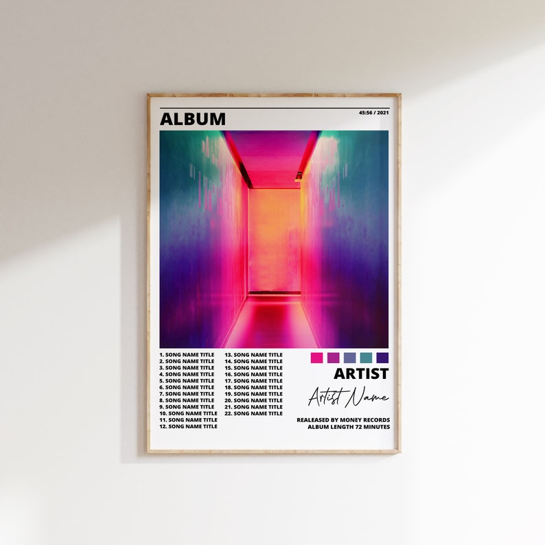 May include: Album cover art featuring a colorful, abstract hallway with a pink, blue, and purple gradient. The album title is "ALBUM" and the artist name is "Artist Name". The album was released by Money Records and is 72 minutes long.