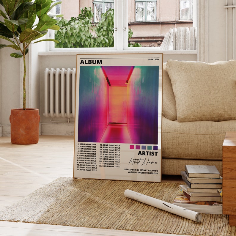 May include: Album cover art with a colorful, abstract image of a hallway with a bright light at the end. The album title is "ALBUM" and the artist name is "Artist Name". The album was released by Money Records and is 72 minutes long.