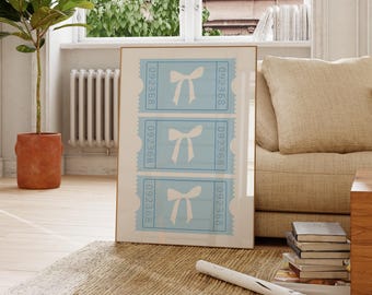 May include: A framed print with a blue background and three white bows with the numbers 092368 repeated on each bow.