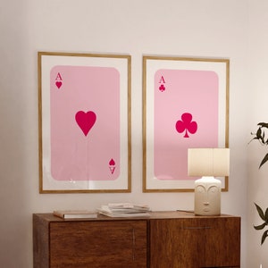 Conjunto de 2 cartas de ás rosa impressas, pôster de ás de copas, arte estética de parede rosa, cartas de jogar, decoração de apartamento feminino, arte de parede retrô moderna