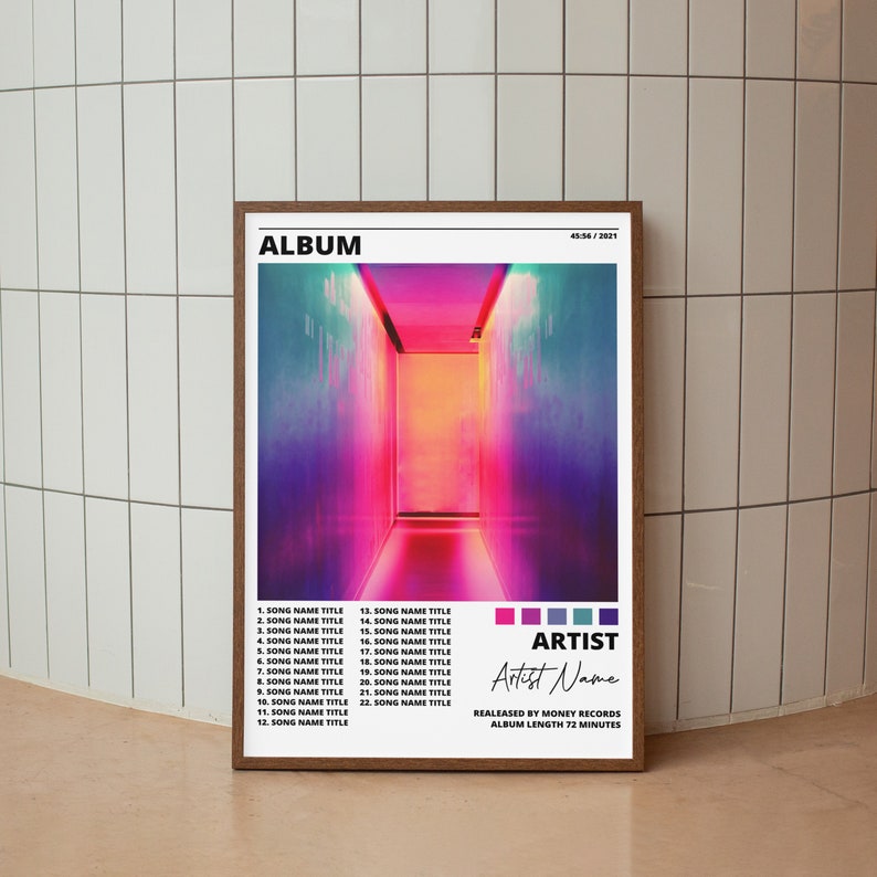 May include: Album cover art with a colorful, abstract image of a hallway with neon lights. The album title is "ALBUM" and the artist name is "Artist Name". The album was released by "Money Records" and is 72 minutes long.