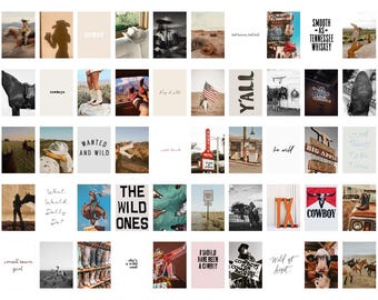 Könnte beinhalten: Eine Collage von Bildern mit Western-Thema. Die Bilder zeigen Cowboys, Pferde, Stiefel und Schilder mit Sätzen wie "Wanted and Wild" und "The Wild Ones".