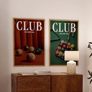 Billard-Club-Kunst, Set mit 2 trendigen Billard-Drucken, Billard-Club-Poster, 70er-Jahre-Retro-Kunstdrucke, psychedelische Funky-Wanddekoration