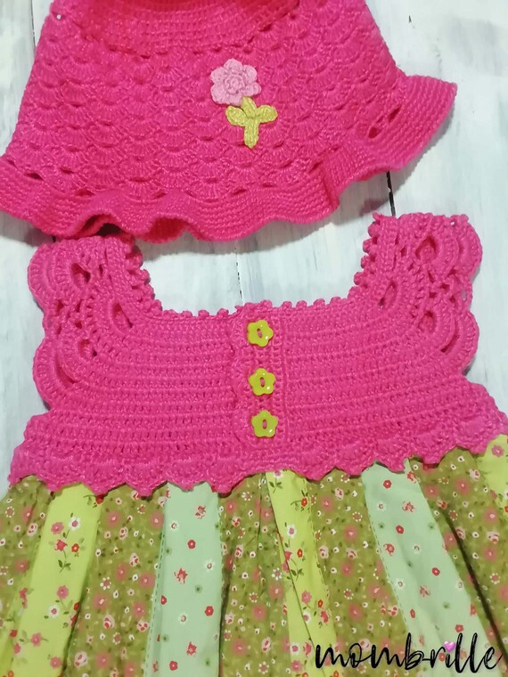 Crochet and Fabric Dress With Matching Hat for Baby Girl From | Etsy