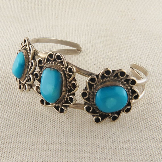 Vintage Turquoise Silver Bracelet, Boho Turquoise… - image 3