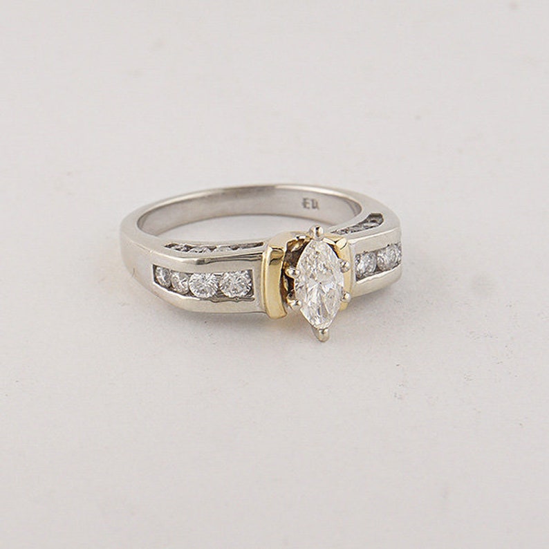 Vintage Marquise Two Tone Diamond Ring, Yellow and White Gold Diamond Ring, Vintage Diamond Ring image 1