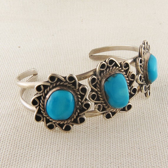 Vintage Turquoise Silver Bracelet, Boho Turquoise… - image 1