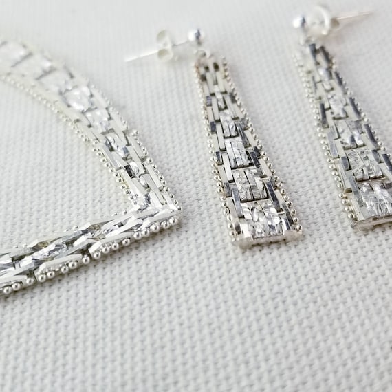 Vintage Art Deco Chevron Necklace and Drop Earrin… - image 1