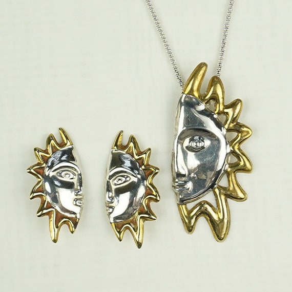 Vintage Sun necklace and clip-on earring face set - image 1