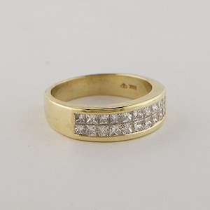 18K Yellow Gold Invisible Set Princess Cut Diamond Ring, Unique Vintage Statement Diamond Ring