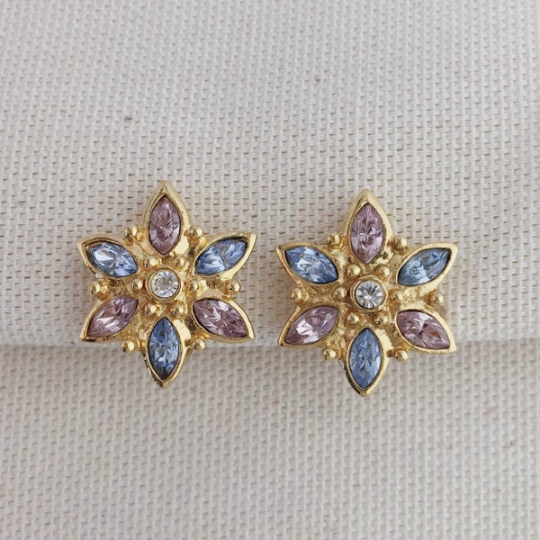 Vintage Gemstone Flower Clip On Earrings