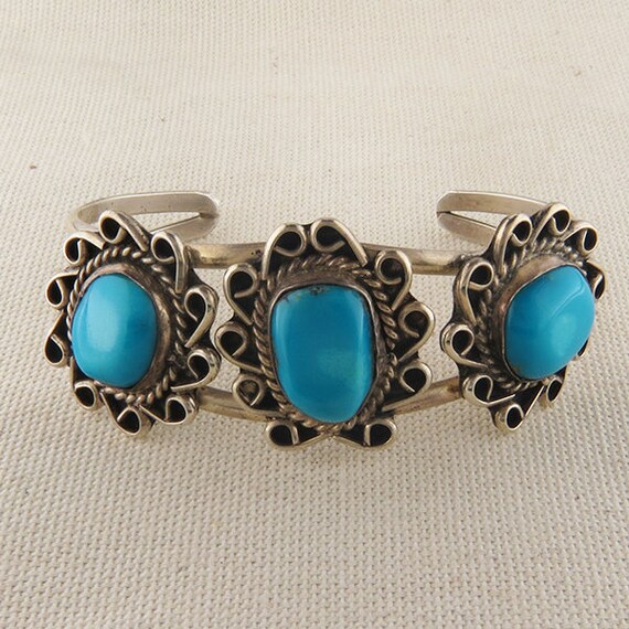 Vintage Turquoise Silver Bracelet, Boho Turquoise… - image 2