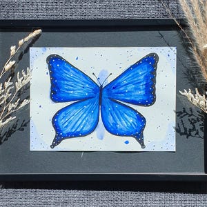 Originele aquareltekening, kunst, aquarel, illustratie, blauw, wanddecoratie, muurschildering, foto, Copic marker, mot, vlinder