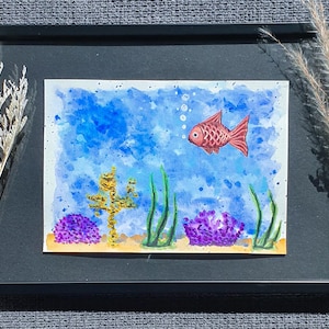 水彩画オリジナル、アート、水彩、イラスト、水族館、魚、サンゴ、コピックマーカー、ギフト、水中、サンゴ礁、水
