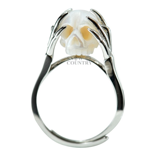 Pearl Skull Ring for Women Unique Hand Carved Silver Gothic Jewelry Christmas Gift