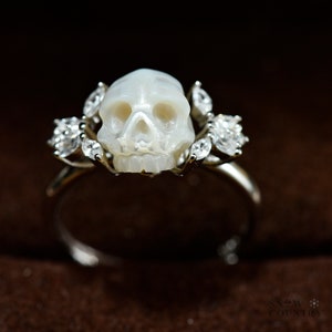 Hand Carved Punk Skull Statement Ring Freshwater Pearl Gothic S925 Sterling Silver For Wedding Gift
